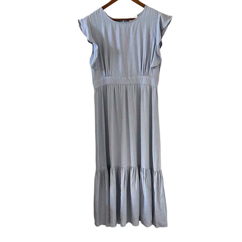 Cynthia Rowley NEW Linen Blend Flutter Sleeve Maxi Dress In Light Blue Size L